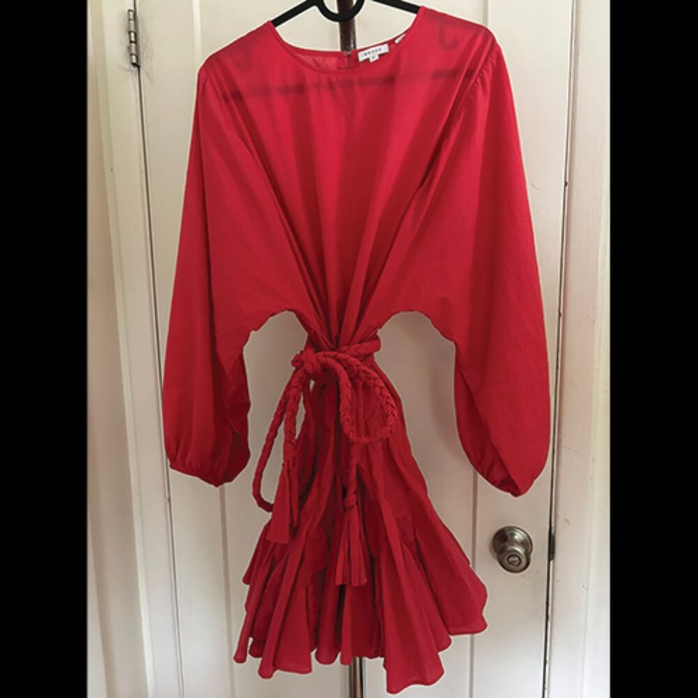 RHODE Red Ruffled Tiered Midi Dress with Bishop Sleeves